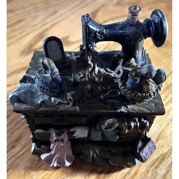 VTG Trinket Box Whimsical Sewing Machine Notions Chest Drawers Yarn Dress Lid - Picture 2 of 9